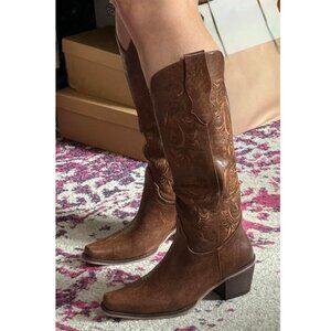 Wetkiss Brown Cowboy Boots Floral Embroidered Cowgirl Classic Tall Boots 6.5 NEW